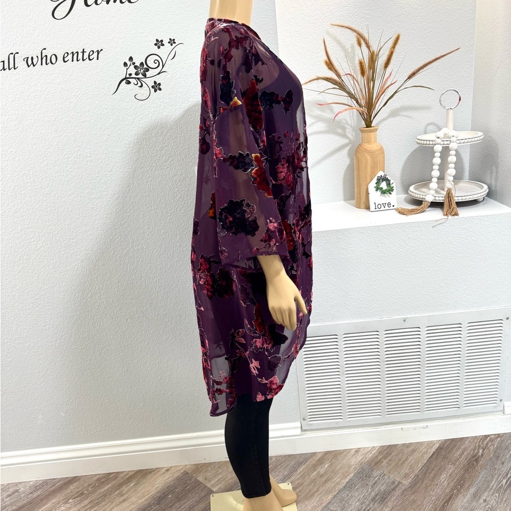 Purple Long Floral Cardigan Size L XL Kimono Boho Velvet Sheer By Ivory Love